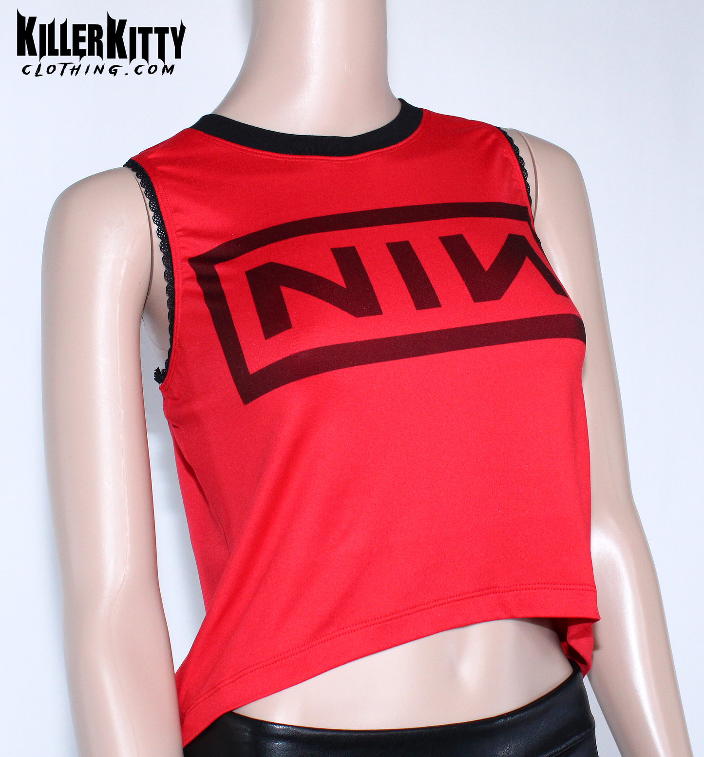 Nine Inch Nails Tank Top – Relaxed Fit Shirt. Red with a black crew neck and black lace-edged trim at the arms. Customizable hem and length. Red tank top with black logo on a mannequin against a white background, featuring 'Killer Kitty Clothing.com' branding.