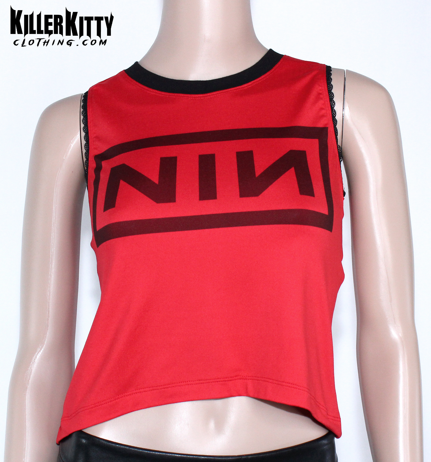 Nine Inch Nails Tank Top – Relaxed Fit Shirt. Red with a black crew neck and black lace-edged trim at the arms. Customizable hem and length. Red tank top with black logo on a mannequin against a white background, featuring 'Killer Kitty Clothing.com' branding.