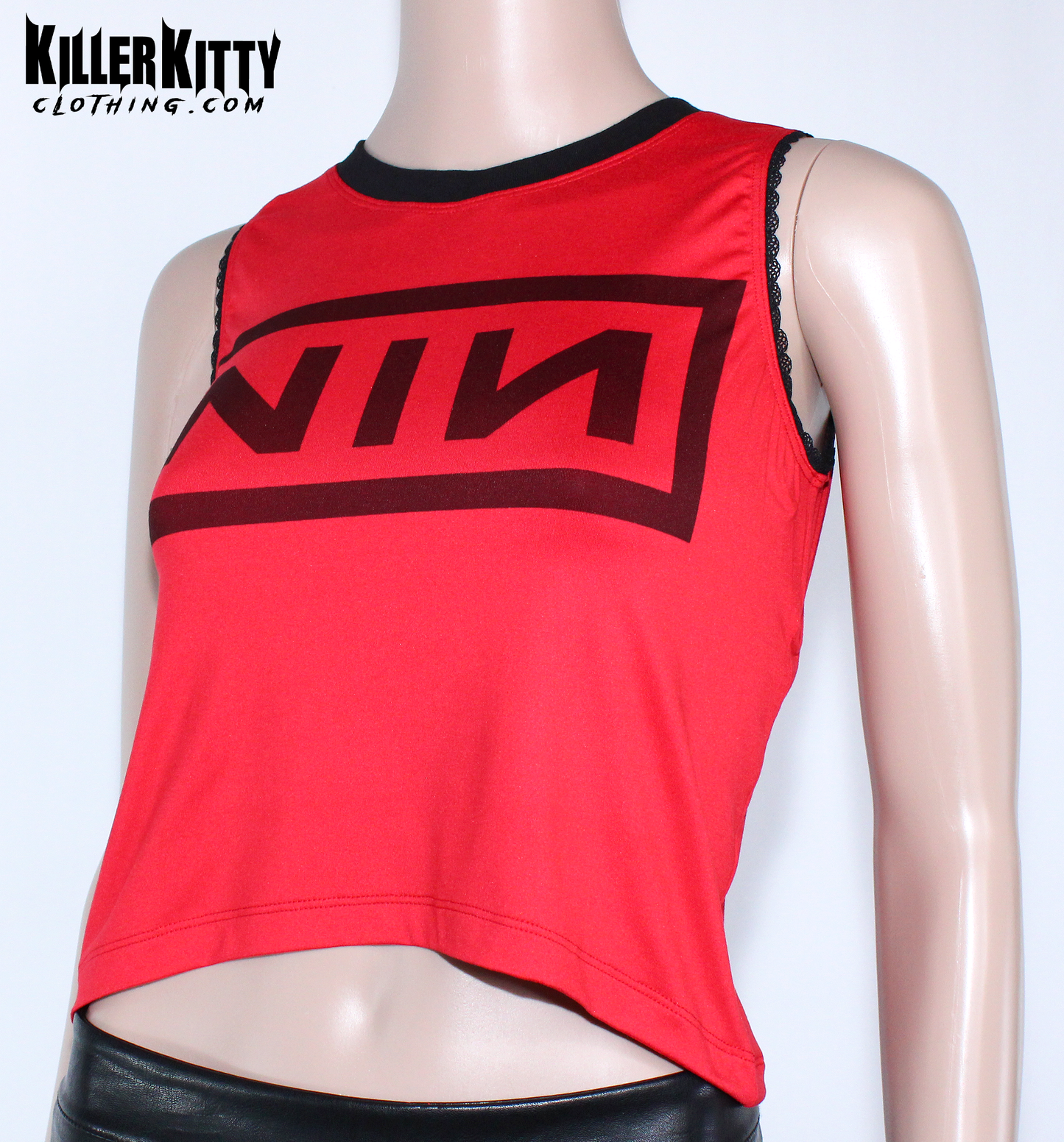 Nine Inch Nails Tank Top – Relaxed Fit Shirt. Red with a black crew neck and black lace-edged trim at the arms. Customizable hem and length. Red tank top with black logo on a mannequin against a white background, featuring 'Killer Kitty Clothing.com' branding.