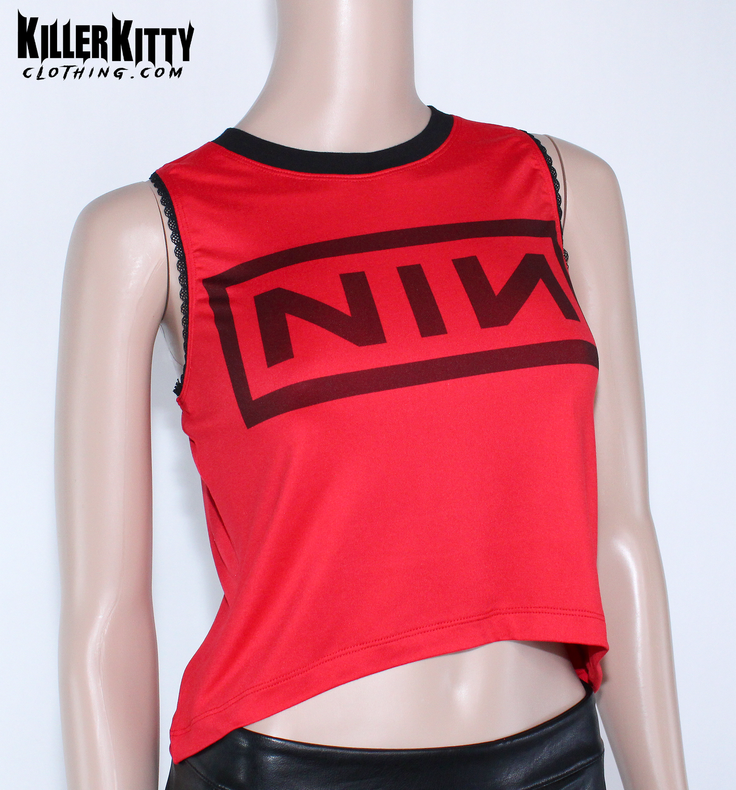 Nine Inch Nails Tank Top – Relaxed Fit Shirt. Red with a black crew neck and black lace-edged trim at the arms. Customizable hem and length. Red tank top with black logo on a mannequin against a white background, featuring 'Killer Kitty Clothing.com' branding.