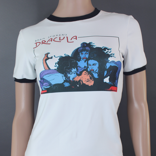 White ringer tee with black trim featuring a hand-printed image of characters from the movie Dracula.