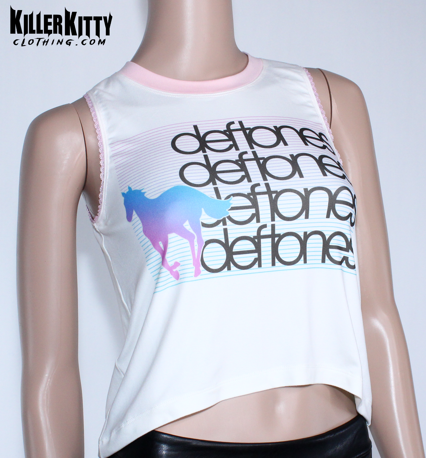 Women's Deftones relaxed fit, slouchy tank top. Top is off-white color, Asymmetrical hem, pink lace-edged arms and pink crew neck. Band shirt. Killer Kitty Clothing Alternative Brand.