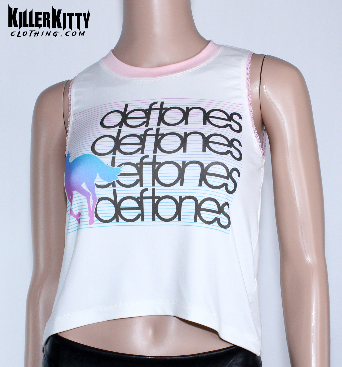 Women's Deftones relaxed fit, slouchy tank top. Top is off-white color, Asymmetrical hem, pink lace-edged arms and pink crew neck. Band shirt. Killer Kitty Clothing Alternative Brand.