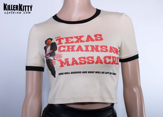 Texas Chainsaw Massacre t-shirt. Vintage looking tan shirt with a graphic of Leatherface holding his trusty chainsaw. Next to him is the title in red, "The Texas Chainsaw Massacre" In smaller black letters underneath, "Who will Survive and What will be Left of Them". This horror movie ringer tee has a black crew neck and black trim on its short sleeves. Customizable length. Made from ultra soft Double Brushed Cotton, Poly, Spandex fabric. Made by alt brand Killer Kitty Clothing