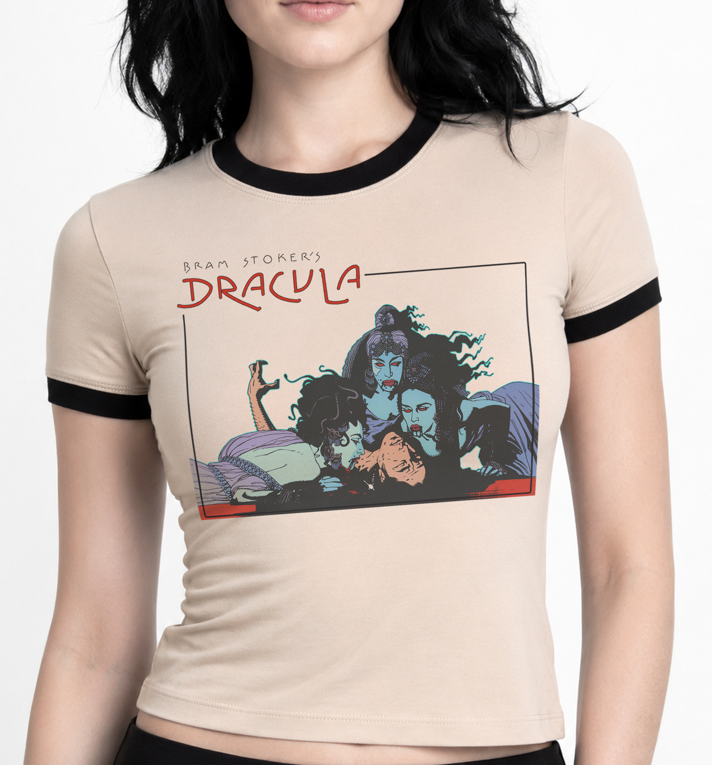 Dracula Brides Vampire Ringer Horror Shirt (Tan)