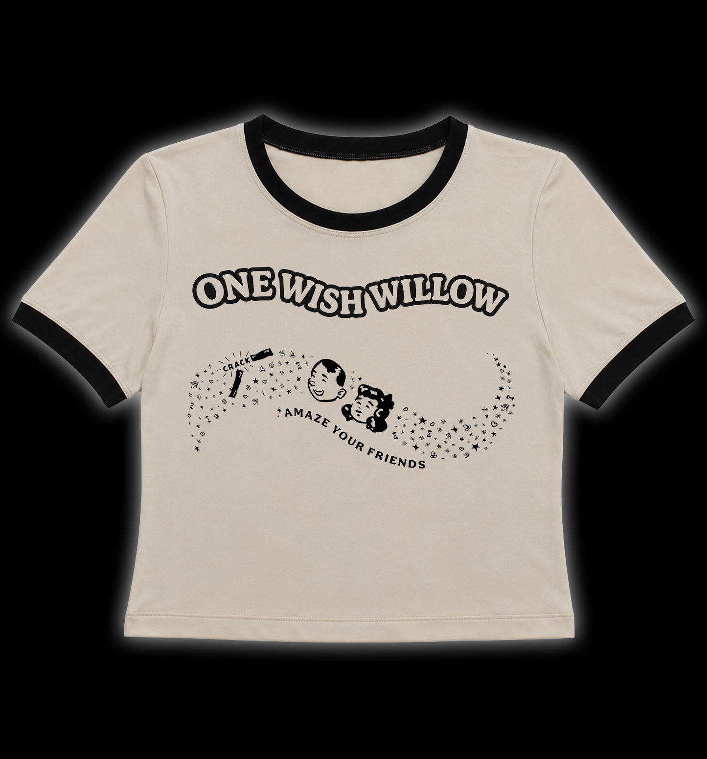 A tan ringer t-shirt with black trim on the collar and sleeves, featuring a black graphic print of a cartoon character and the text 'ONE WISH WILLOW' and 'AMAZE YOUR FRIENDS'. One wish willow crop top t shirt. One wish willow women's plus size t shirt. Obsession one wish willow retro ringer crop top tee shirt. Obsession horror movie t shirt crop top alternative goth clothing. Women's horror movie dress and t shirts. 