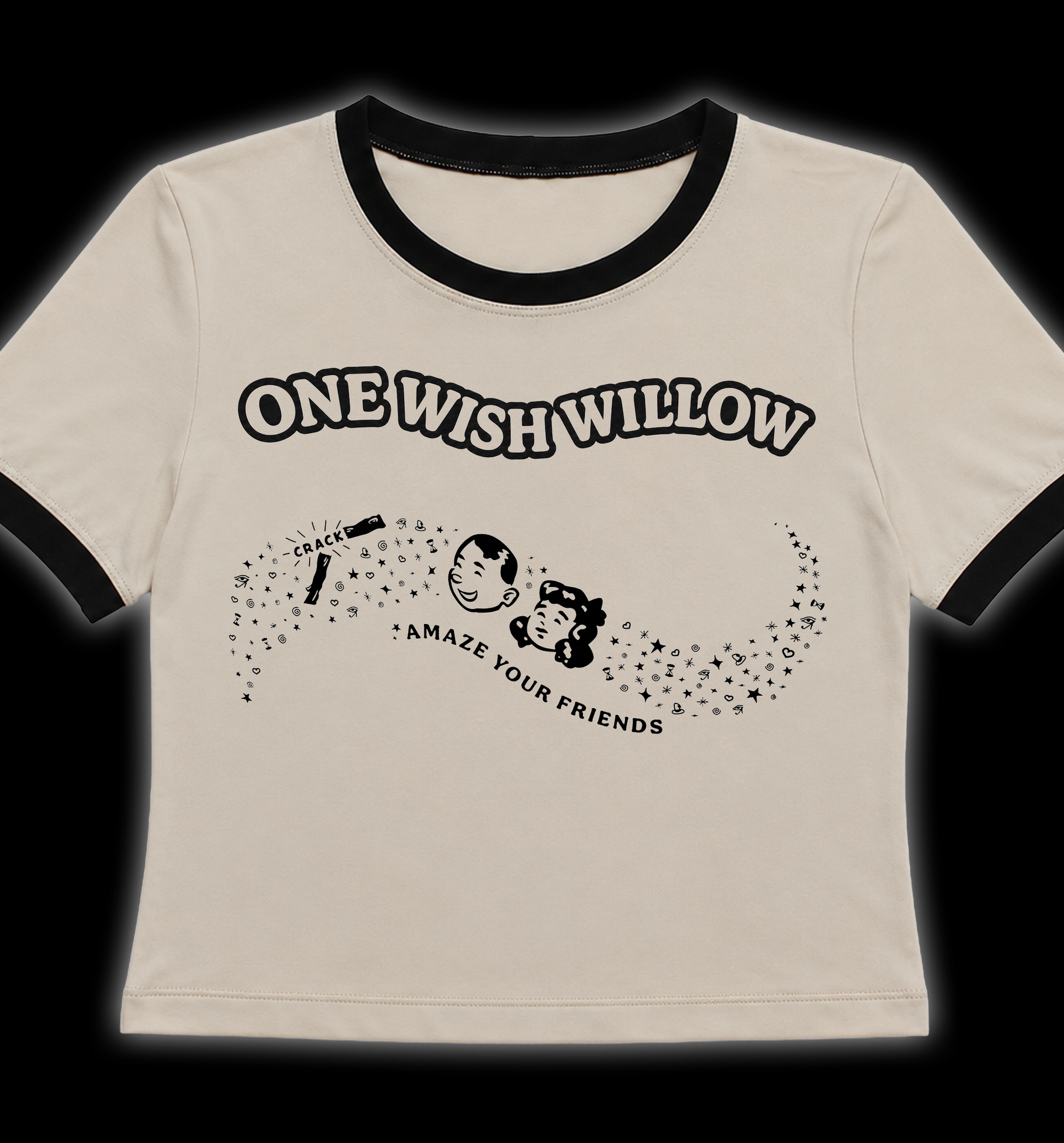 A tan ringer t-shirt with black trim on the collar and sleeves, featuring a black graphic print of a cartoon character and the text 'ONE WISH WILLOW' and 'AMAZE YOUR FRIENDS'. One wish willow crop top t shirt. One wish willow women's plus size t shirt. Obsession one wish willow retro ringer crop top tee shirt. Women's horror movie t shirt merch. Killer kitty Horror Movie t shirt Clothing. Handmade one wish willow horror tee. Women's horror goth crop top t shirts. Obsession horror movie t shirt crop top alt 