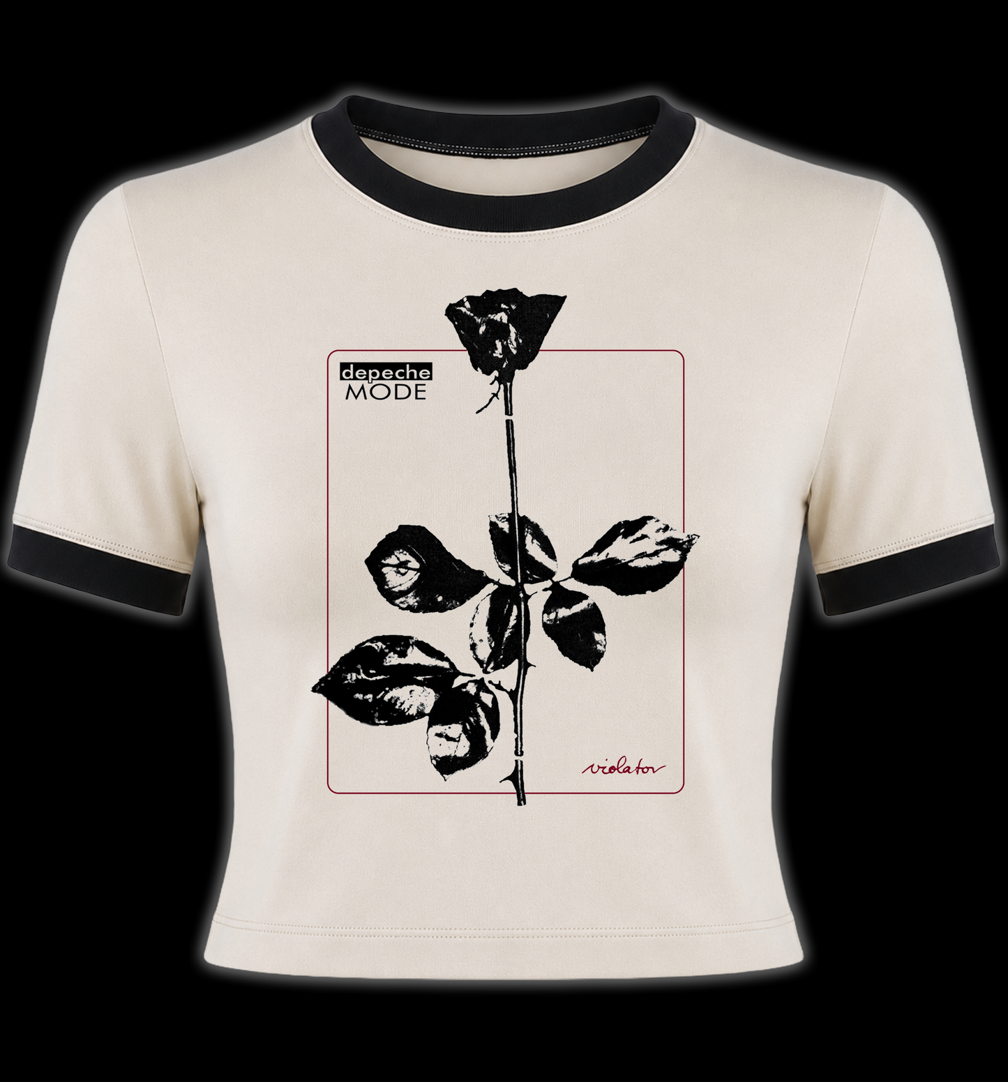 An off-white ringer t-shirt with black trim on the collar and sleeves, featuring a black rose graphic and the words 'DEPECHE MODE VIOLATOR' on the front.

Depeche Mode Crop Top Women's Tshirt tee. New wave crop top shirt. Alternative clothing for women. Women's Depeche Mode Violator tshirt Crop Top. Women's band tshirt crop top. Women's rock crop top shirt. Women's band merch crop top. Women's Depeche More Tee. 
