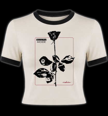 An off-white ringer t-shirt with black trim on the collar and sleeves, featuring a black rose graphic and the words 'DEPECHE MODE VIOLATOR' on the front.

Depeche Mode Crop Top Women's Tshirt tee. New wave crop top shirt. Alternative clothing for women. Women's Depeche Mode Violator tshirt Crop Top. Women's band tshirt crop top. Women's rock crop top shirt. Women's band merch crop top. Women's Depeche More Tee. 