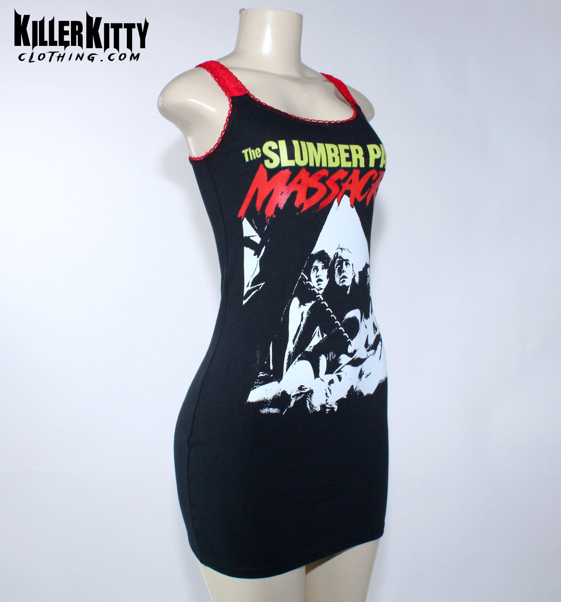Slumber Party Massacre Tank Dress.
Altered from a t-shirt, this horror movie dress has red elastic trim, red lace straps and contrast stitching. This is a bodycon style dress with 80s inspiration from the classic slasher film.