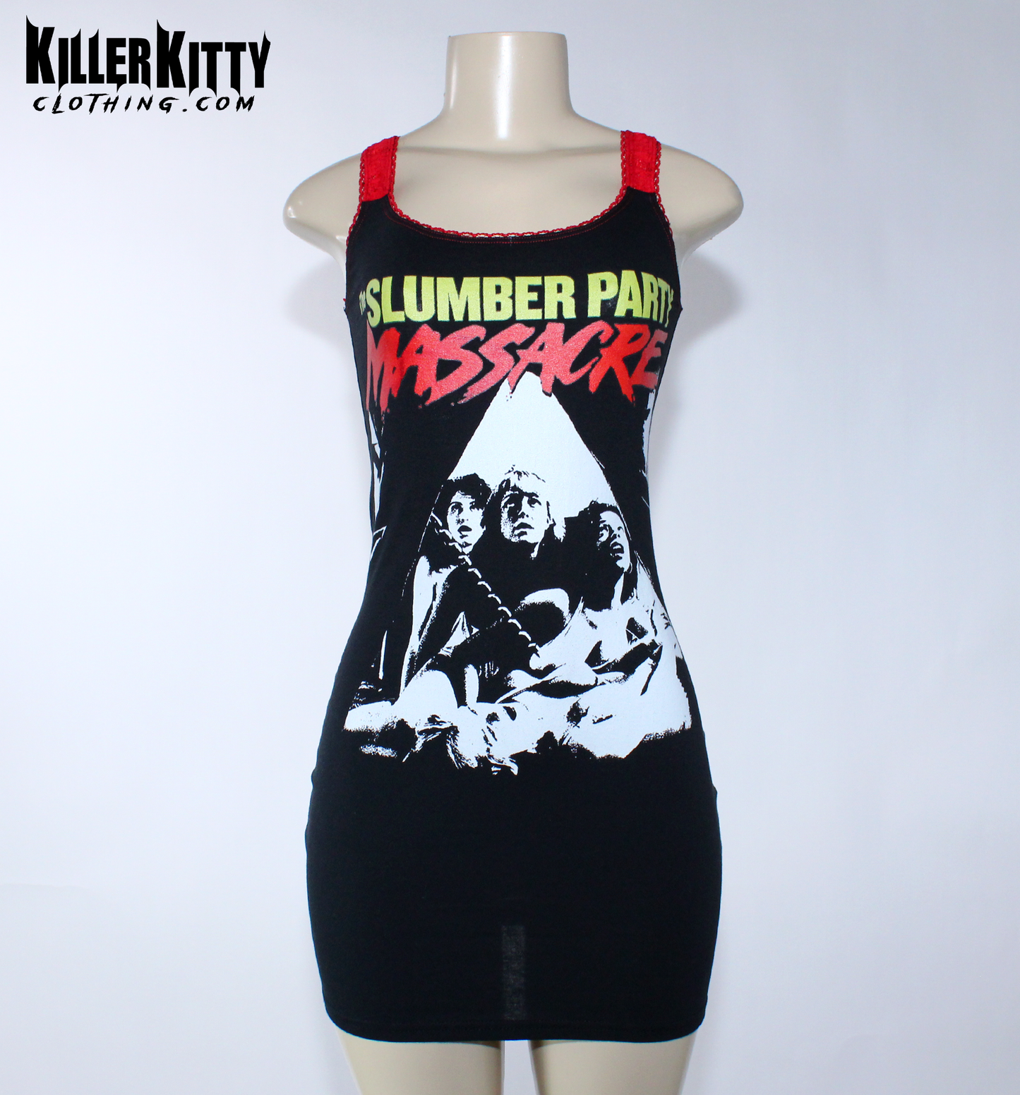 Slumber Party Massacre Tank Dress.
Altered from a t-shirt, this horror movie dress has red elastic trim, red lace straps and contrast stitching. This is a bodycon style dress with 80s inspiration from the classic slasher film.