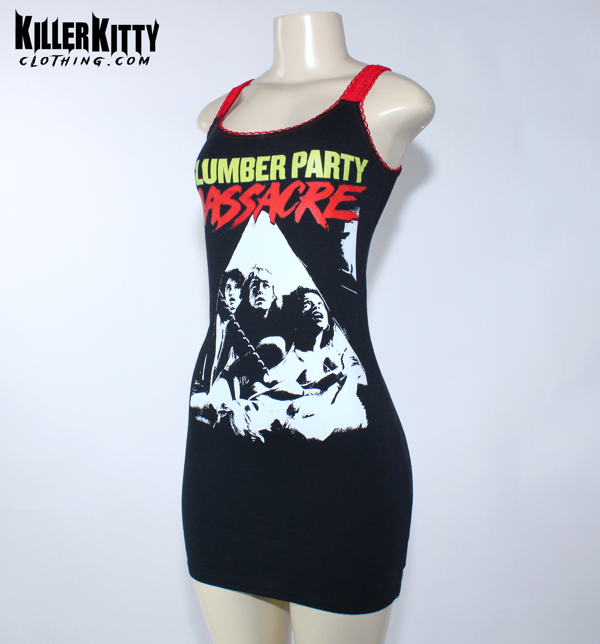 Slumber Party Massacre Tank Dress.
Altered from a t-shirt, this horror movie dress has red elastic trim, red lace straps and contrast stitching. This is a bodycon style dress with 80s inspiration from the classic slasher film.