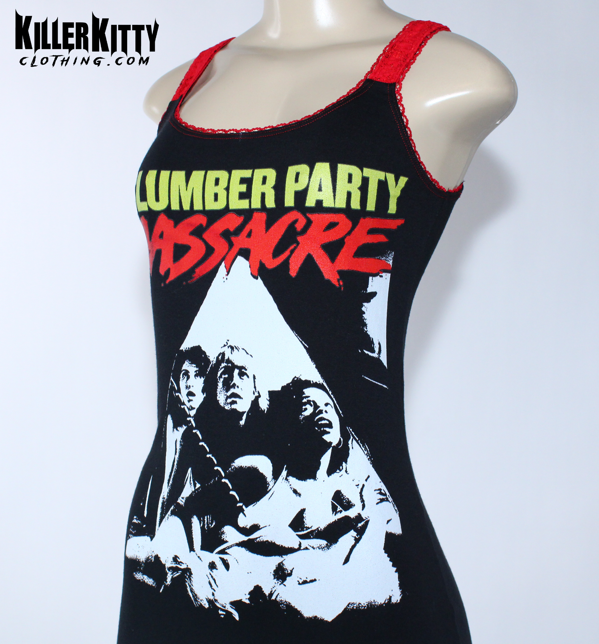 Slumber Party Massacre Tank Dress.
Altered from a t-shirt, this horror movie dress has red elastic trim, red lace straps and contrast stitching. This is a bodycon style dress with 80s inspiration from the classic slasher film.