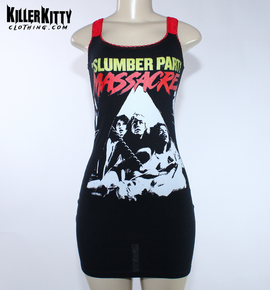 Slumber Party Massacre Tank Dress.
Altered from a t-shirt, this horror movie dress has red elastic trim, red lace straps and contrast stitching. This is a bodycon style dress with 80s inspiration from the classic slasher film.