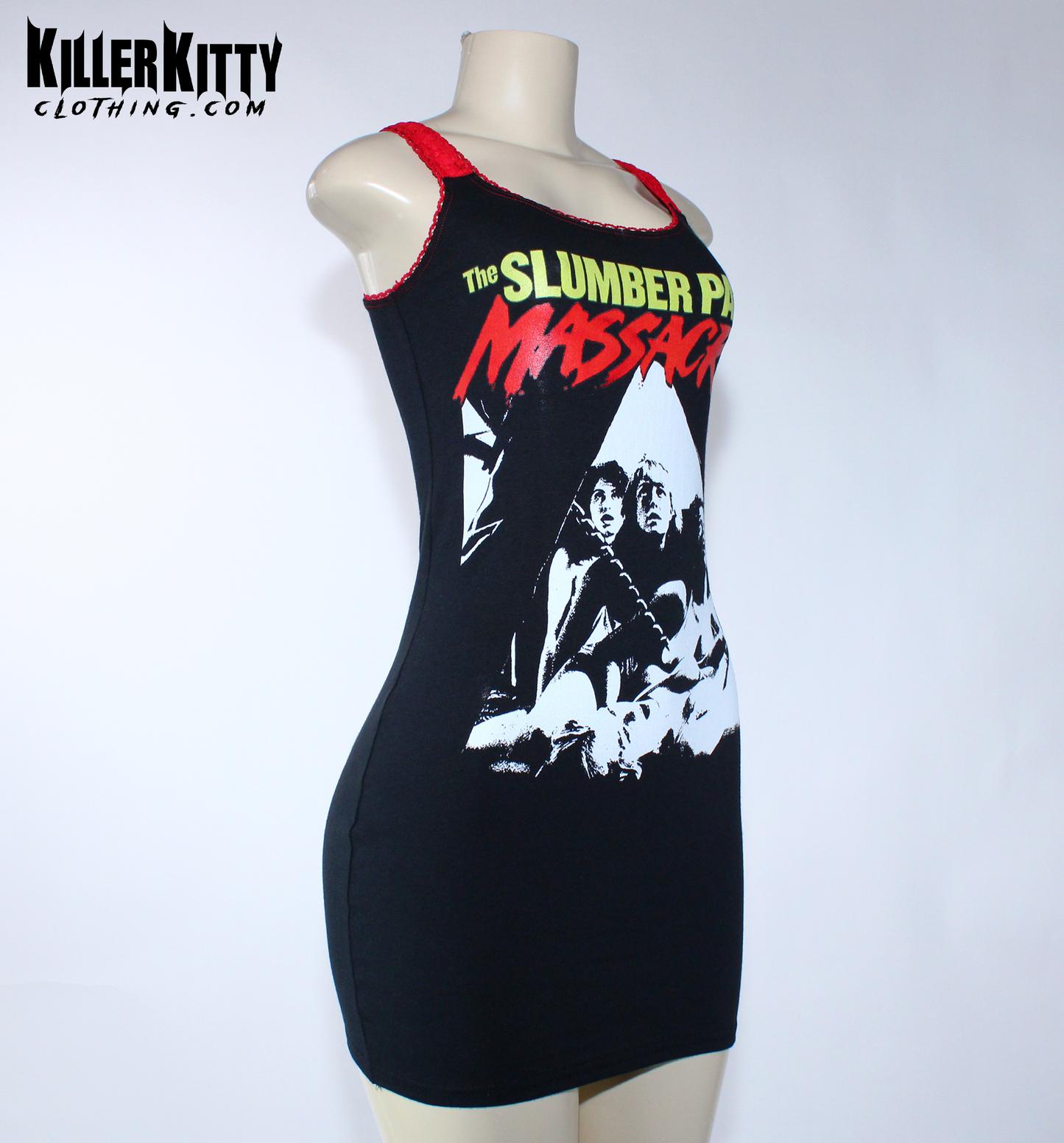 Slumber Party Massacre Tank Dress.
Altered from a t-shirt, this horror movie dress has red elastic trim, red lace straps and contrast stitching. This is a bodycon style dress with 80s inspiration from the classic slasher film.