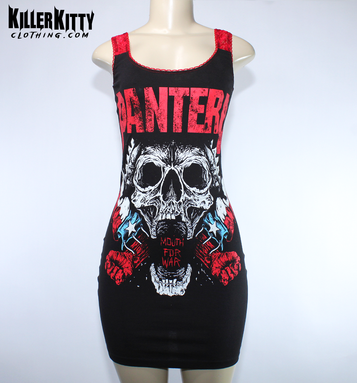 A black sleeveless bodycon dress displayed on a mannequin, featuring a red and white Pantera skull graphic on the front. Women's pantera dress. alternative metal dresses for women. band merch for women. pantera tshirt for women. upcycled pantera shirt. metal merch for women. mouth for war shirt. handmade alternative diy fashion. killer kitty clothing brand. 