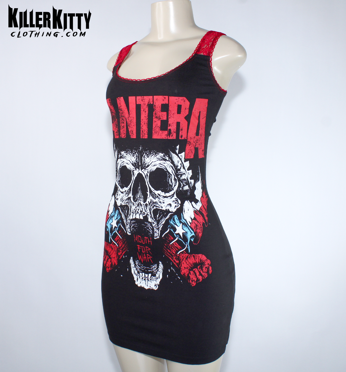 A black sleeveless bodycon dress displayed on a mannequin, featuring a red and white Pantera skull graphic on the front. Women's pantera dress. alternative metal dresses for women. band merch for women. pantera tshirt for women. upcycled pantera shirt. metal merch for women. mouth for war shirt. handmade alternative diy fashion. killer kitty clothing brand. 