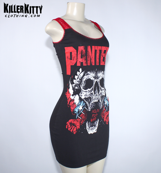 A black sleeveless bodycon dress displayed on a mannequin, featuring a red and white Pantera skull graphic on the front. Women's pantera dress. alternative metal dresses for women. band merch for women. pantera tshirt for women. upcycled pantera shirt. metal merch for women. mouth for war shirt. handmade alternative diy fashion. killer kitty clothing brand. 
