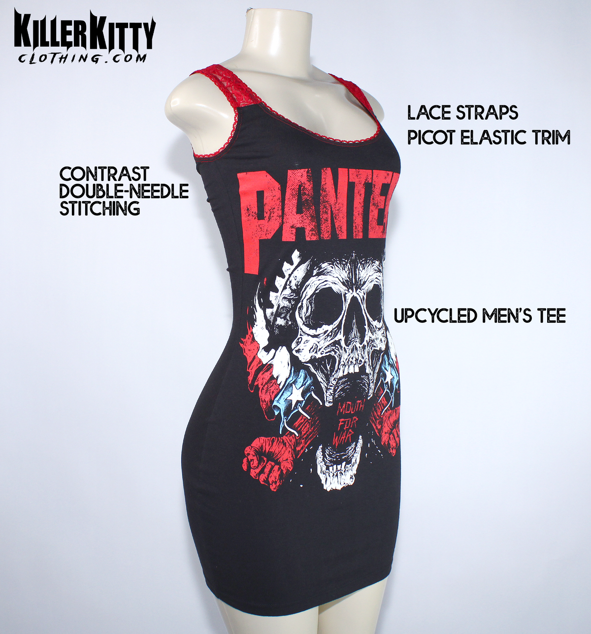 A black sleeveless bodycon dress displayed on a mannequin, featuring a red and white Pantera skull graphic on the front. Women's pantera dress. alternative metal dresses for women. band merch for women. pantera tshirt for women. upcycled pantera shirt. metal merch for women. mouth for war shirt. handmade alternative diy fashion. killer kitty clothing brand. 