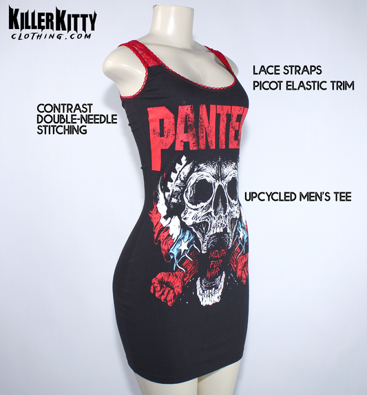 A black sleeveless bodycon dress displayed on a mannequin, featuring a red and white Pantera skull graphic on the front. Women's pantera dress. alternative metal dresses for women. band merch for women. pantera tshirt for women. upcycled pantera shirt. metal merch for women. mouth for war shirt. handmade alternative diy fashion. killer kitty clothing brand. 