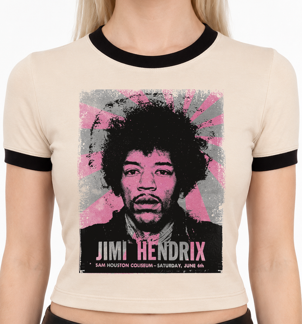 Jimi Hendrix 1970 Sam Houston Coliseum cream ringer shirt with vintage concert poster graphic, black ribbed trim
Cream ringer t-shirt with distressed Jimi Hendrix portrait in pink and black, 1970 Houston concert, handmade in USA