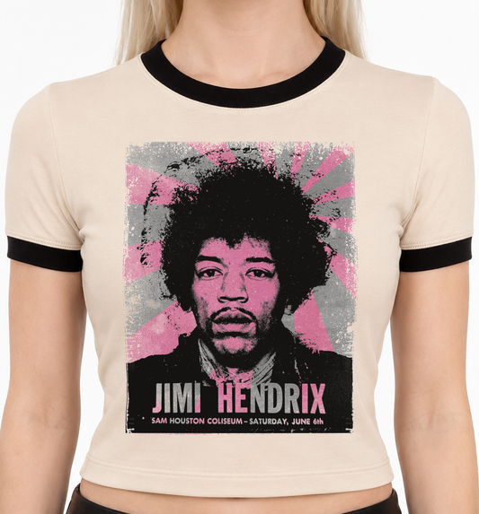 Jimi Hendrix 1970 Sam Houston Coliseum cream ringer shirt with vintage concert poster graphic, black ribbed trim
Cream ringer t-shirt with distressed Jimi Hendrix portrait in pink and black, 1970 Houston concert, handmade in USA