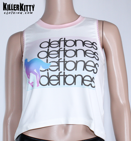 Women's Deftones relaxed fit, slouchy tank top. Top is off-white color, Asymmetrical hem, pink lace-edged arms and pink crew neck. Band shirt.  