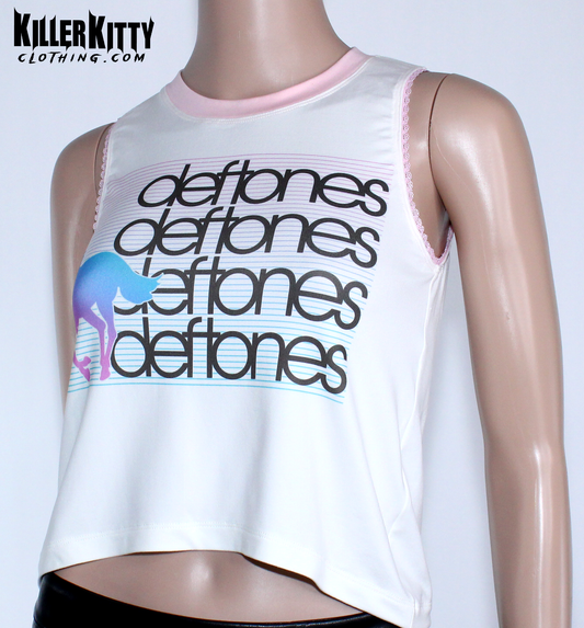 Women's Deftones relaxed fit, slouchy tank top. Top is off-white color, Asymmetrical hem, pink lace-edged arms and pink crew neck. Band shirt.  Killer Kitty Clothing Alternative Brand.