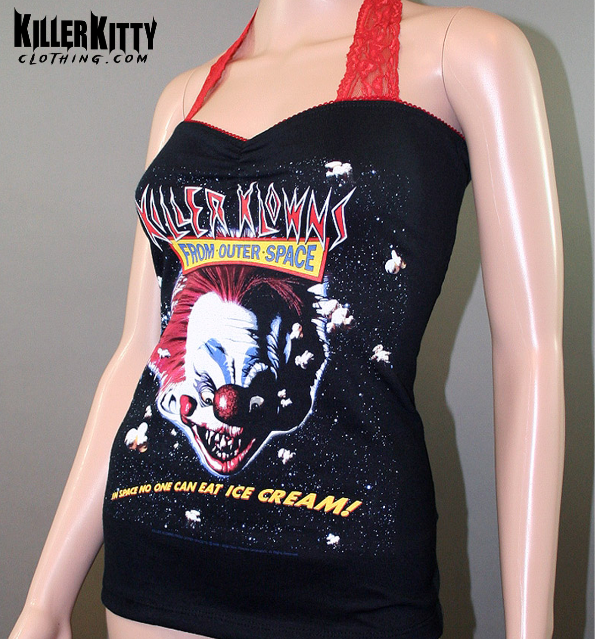Killer Klowns from Outer Space, horror movie halter top with red lace straps and clown graphic, upcycled.
Black upcycled halter tank with Killer Klowns from Outer Space movie graphic, red picot trim, sweetheart neckline. horror movie shirt. 